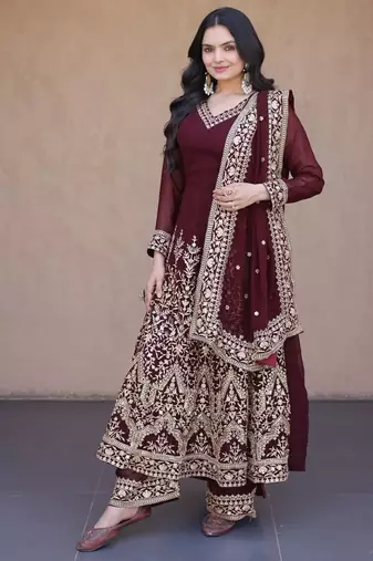 Women maroon heavy embroidered  anarkali suit set