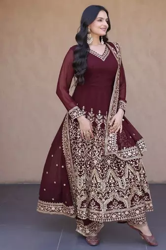 Women maroon heavy embroidered  anarkali suit set