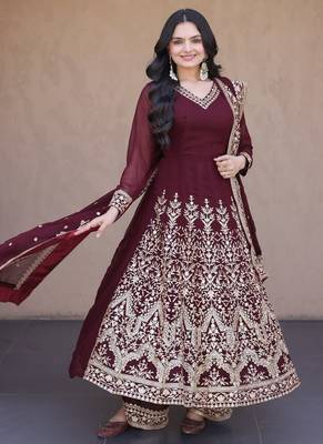 Women maroon heavy embroidered  anarkali suit set 3