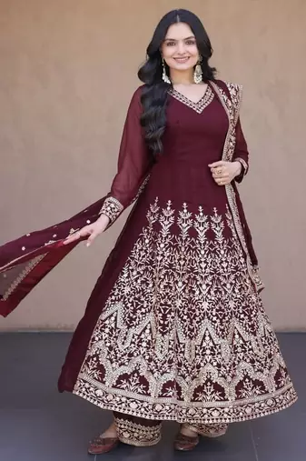 Women maroon heavy embroidered  anarkali suit set