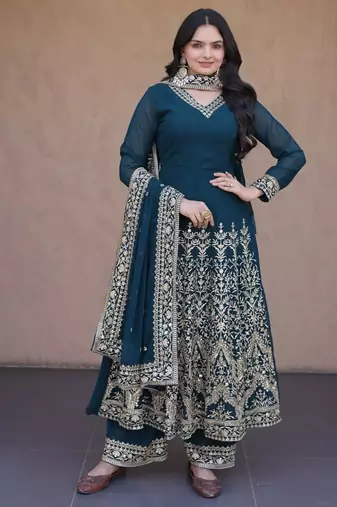 Women teal heavy embroidered  anarkali suit set
