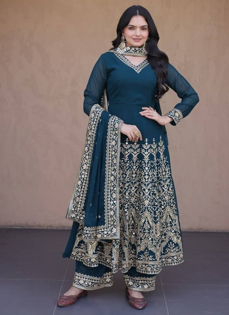 Women teal heavy embroidered  anarkali suit set
