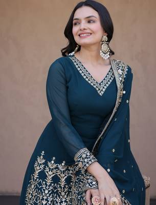 Women teal heavy embroidered  anarkali suit set 2