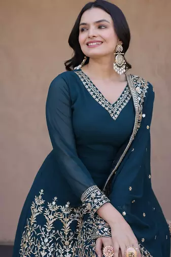 Women teal heavy embroidered  anarkali suit set