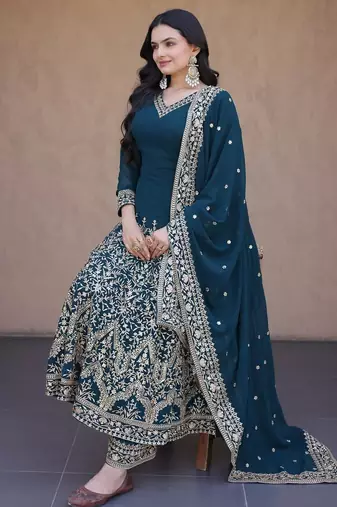 Women teal heavy embroidered  anarkali suit set