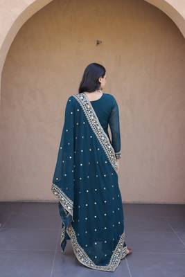 Women teal heavy embroidered  anarkali suit set 4