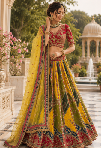 multicolor color Gotta pati Dori and Zari Embroidered Multi Thread Sequins work silk  blend Lehenga Choli set