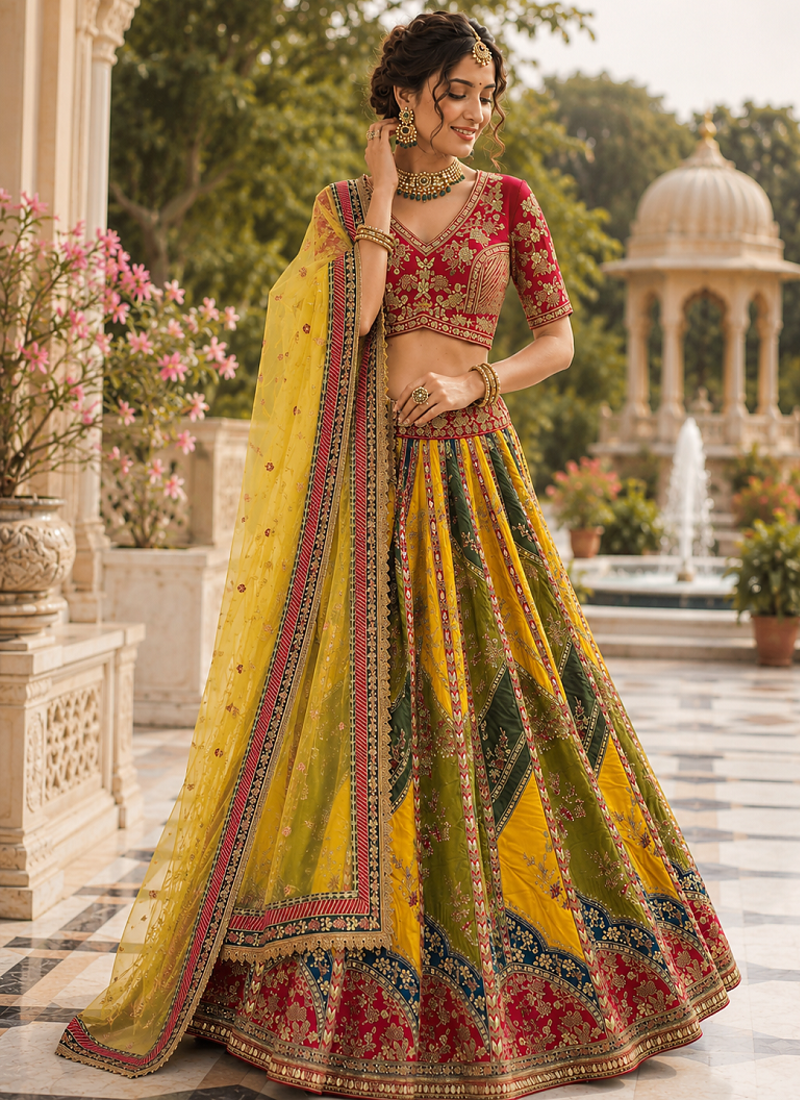 multicolor color Gotta pati Dori and Zari Embroidered Multi Thread Sequins work silk  blend Lehenga Choli set