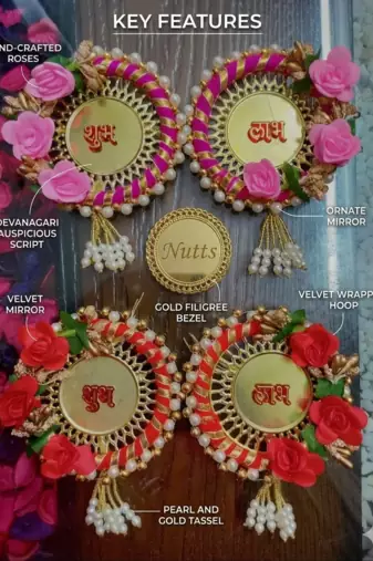traditional decorative multicolour rose jali plate shubh labh festive decor hangings (pack of 2)