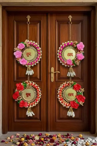 traditional decorative multicolour rose jali plate shubh labh festive decor hangings (pack of 2)