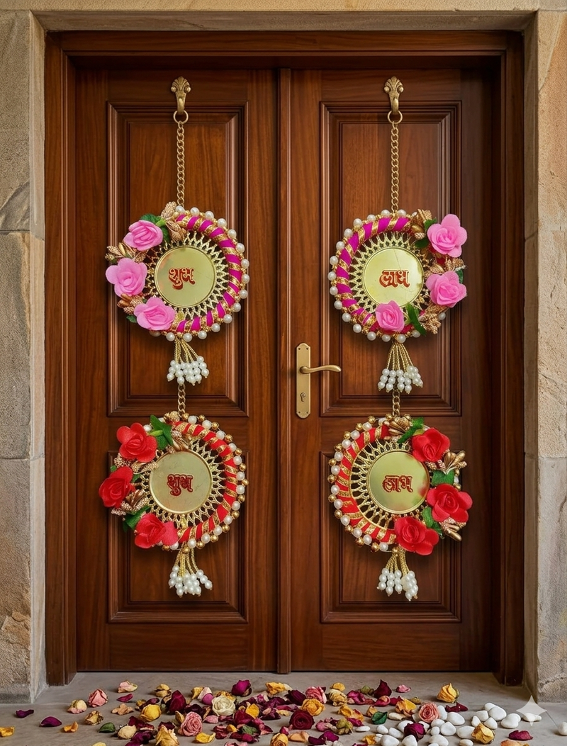 traditional decorative multicolour rose jali plate shubh labh festive decor hangings (pack of 2)