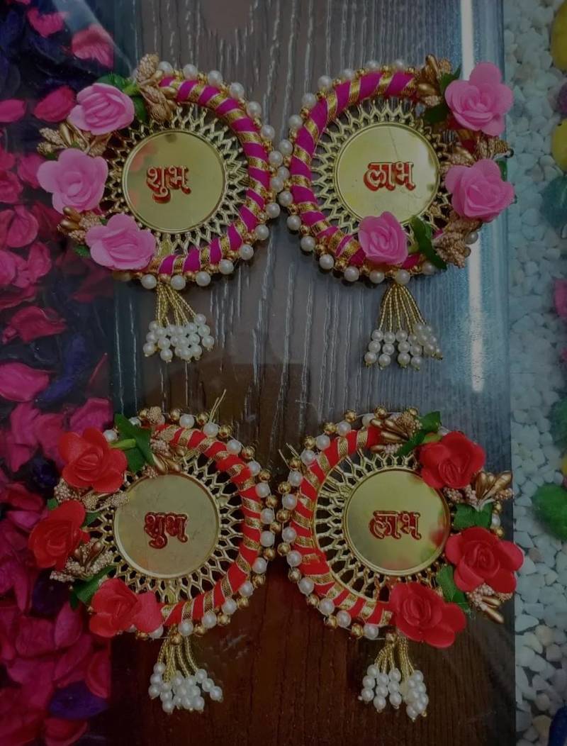 traditional decorative multicolour rose jali plate shubh labh festive decor hangings (pack of 2)