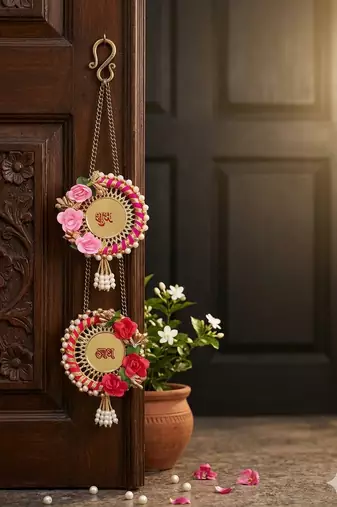 traditional decorative multicolour rose jali plate shubh labh festive decor hangings (pack of 2)