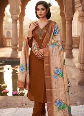 Brown premium mul chanderi kurti pent dupatta set 1