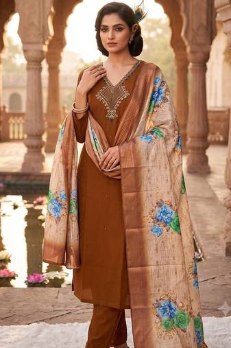 Brown premium mul chanderi kurti pent dupatta set