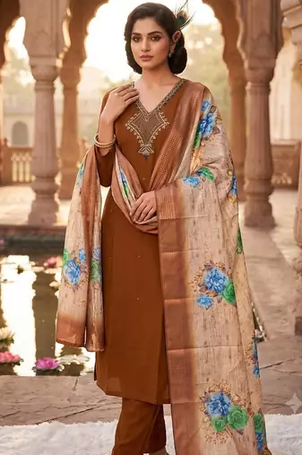 Brown premium mul chanderi kurti pent dupatta set