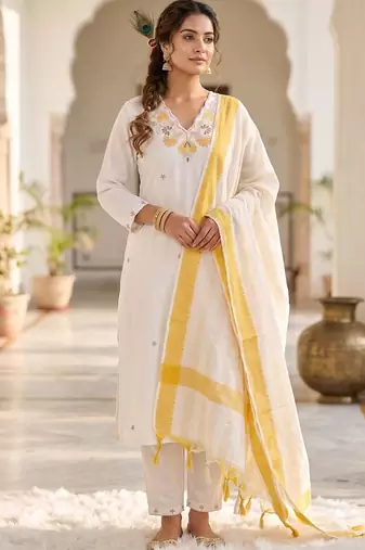 White khadi cotton kurti pant dupatta set