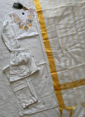 White khadi cotton kurti pant dupatta set 2