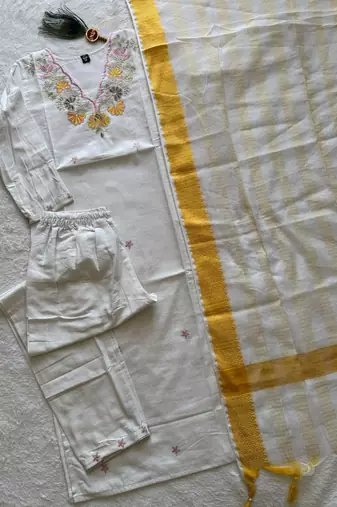 White khadi cotton kurti pant dupatta set