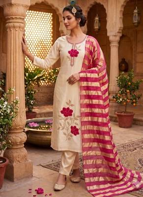 Beige premium glass roman silk kurti pant dupatta set 1