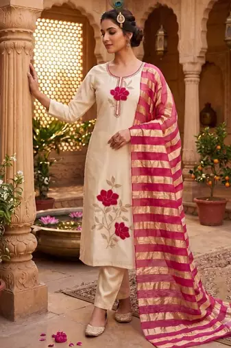 Beige premium glass roman silk kurti pant dupatta set