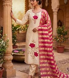 Beige premium glass roman silk kurti pant dupatta set