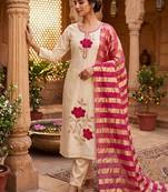 Beige premium glass roman silk kurti pant dupatta set