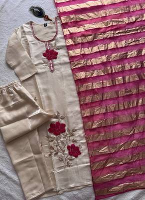 Beige premium glass roman silk kurti pant dupatta set 2