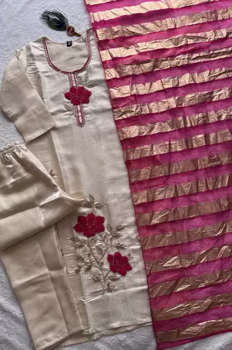 Beige premium glass roman silk kurti pant dupatta set