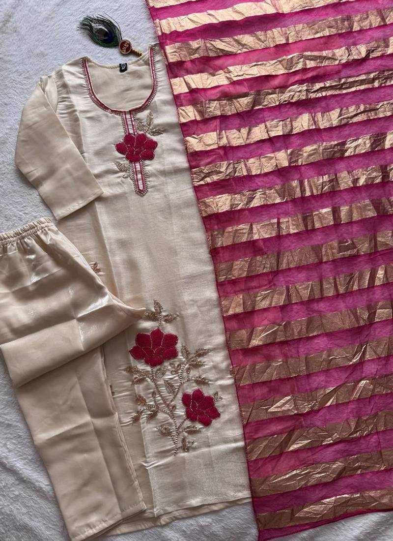 Beige premium glass roman silk kurti pant dupatta set