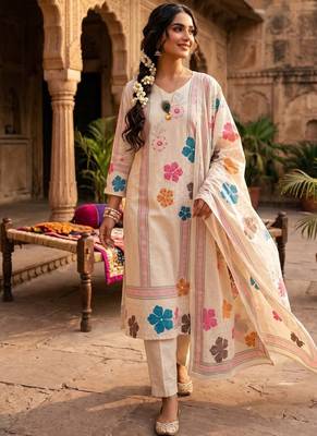 Cream khadi cotton kurti pant dupatta set 1
