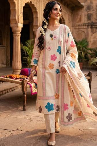 Cream khadi cotton kurti pant dupatta set