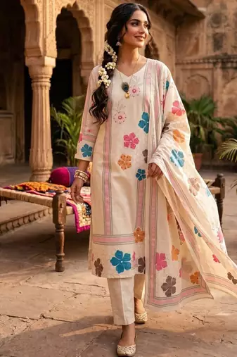 Cream khadi cotton kurti pant dupatta set