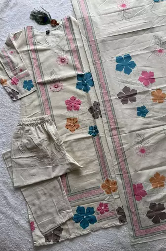 Cream khadi cotton kurti pant dupatta set