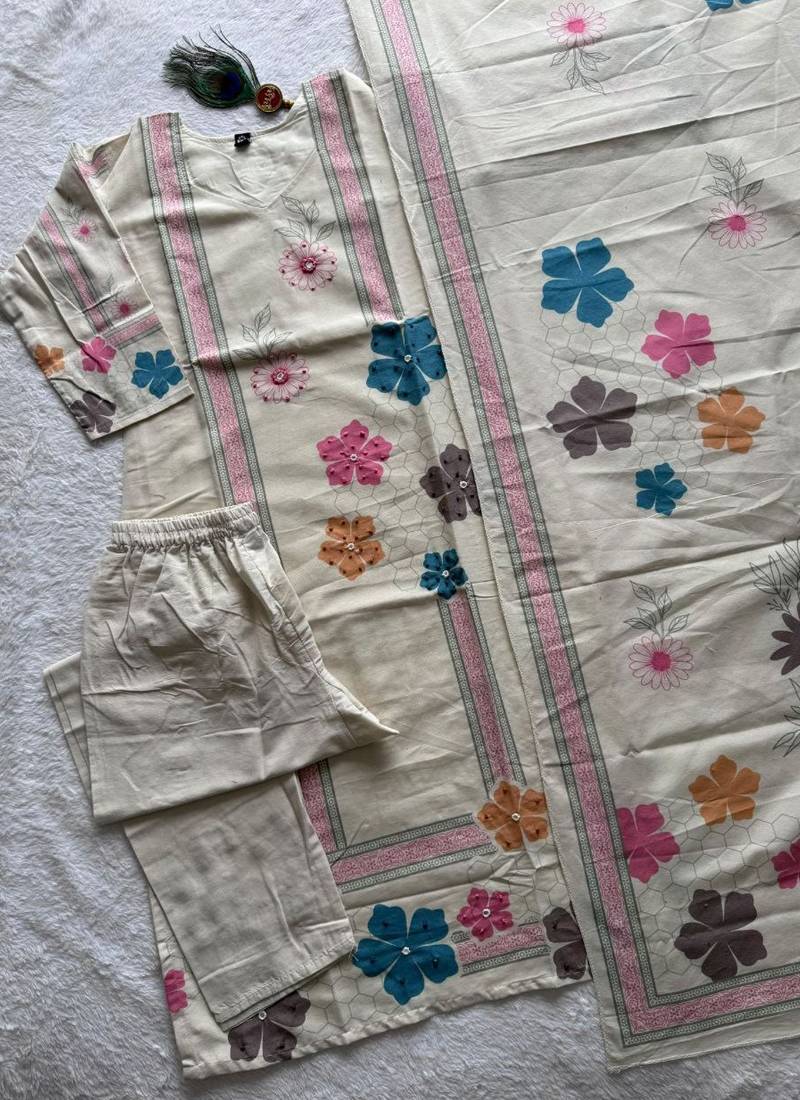 Cream khadi cotton kurti pant dupatta set