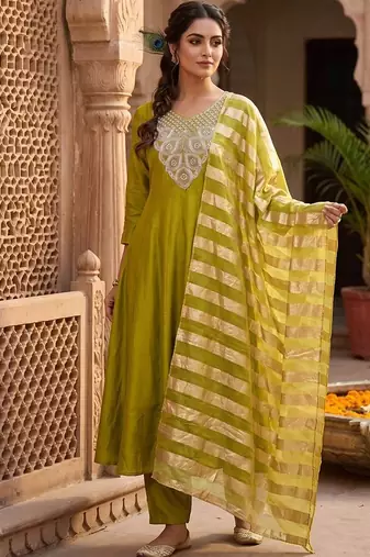 Green premium glass roman silk kurti pant dupatta set