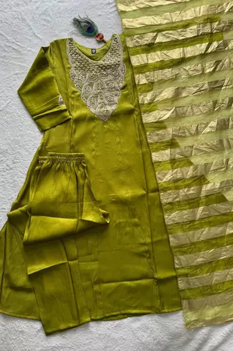 Green premium glass roman silk kurti pant dupatta set