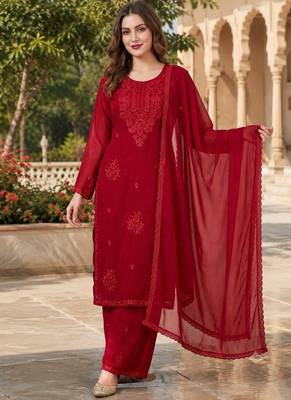 Red blooming georgette kurti pant dupatta set 1