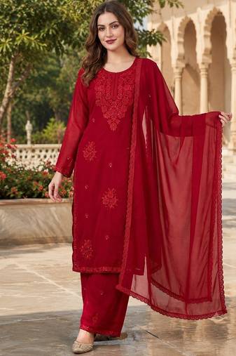 Red blooming georgette kurti pant dupatta set