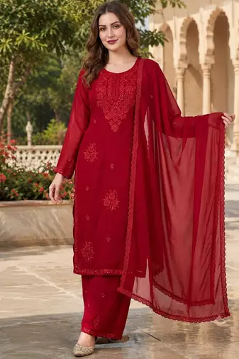 Red blooming georgette kurti pant dupatta set