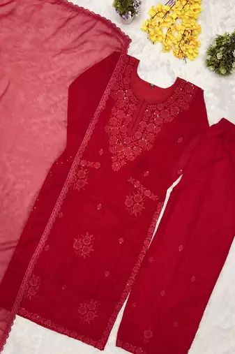 Red blooming georgette kurti pant dupatta set