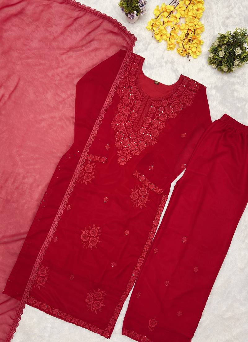 Red blooming georgette kurti pant dupatta set