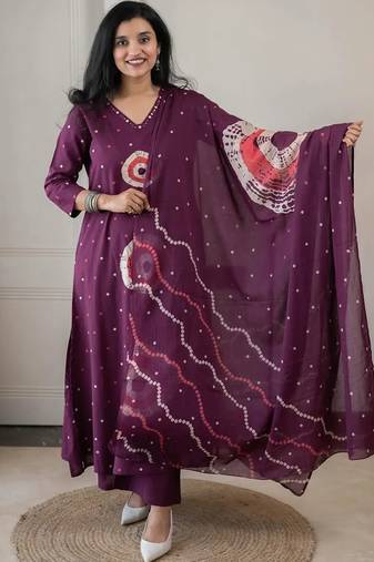 Purple jaipuri cotton(2side pocket) kurti pant dupatta set