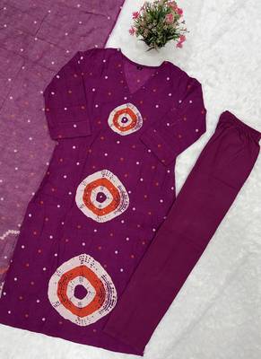 Purple jaipuri cotton(2side pocket) kurti pant dupatta set 2