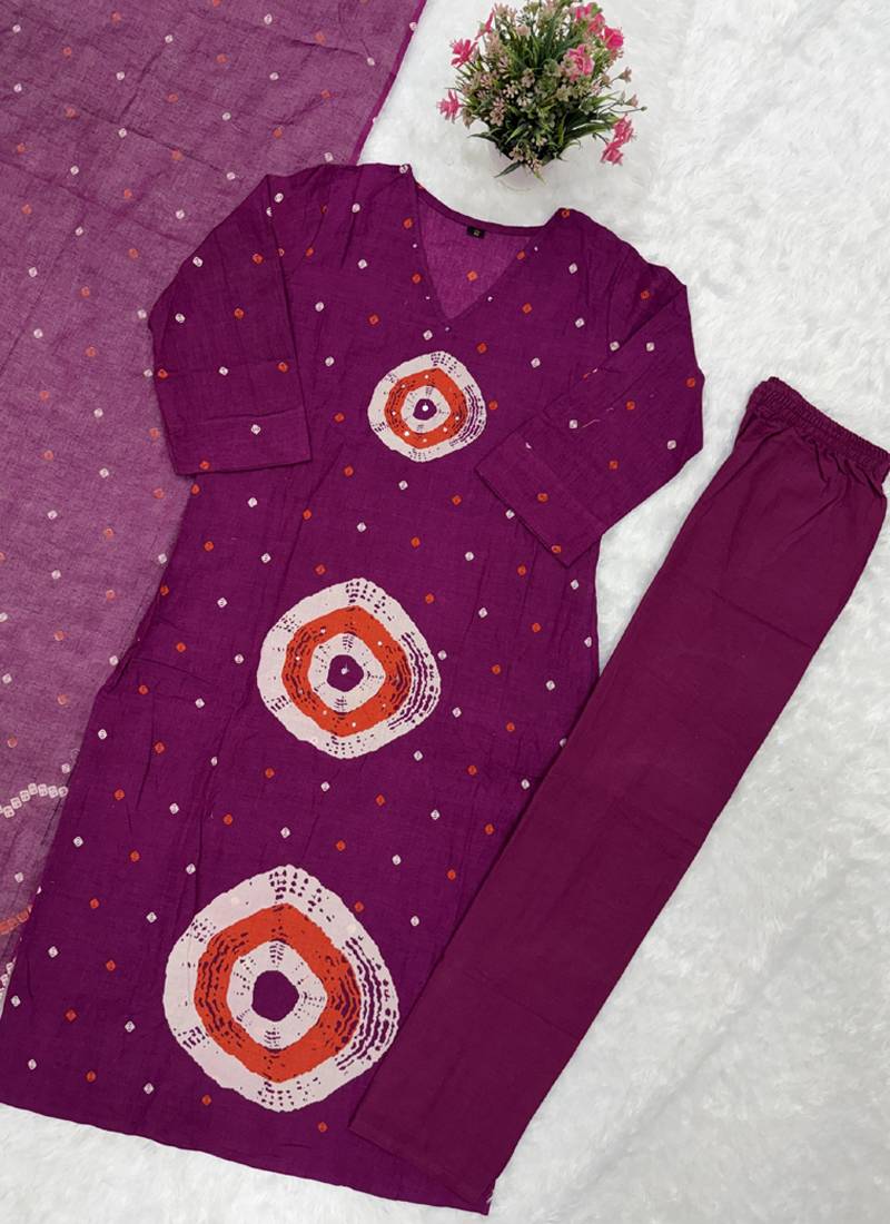 Purple jaipuri cotton(2side pocket) kurti pant dupatta set