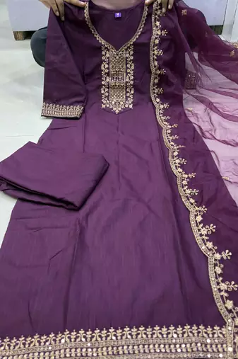Wine cotton blend kurti pent dupatta set