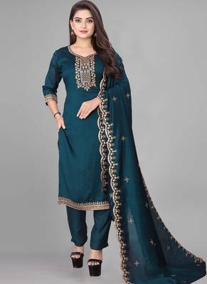 Teal cotton blend kurti pant dupatta set 1