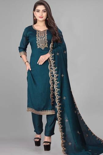 Teal cotton blend kurti pant dupatta set