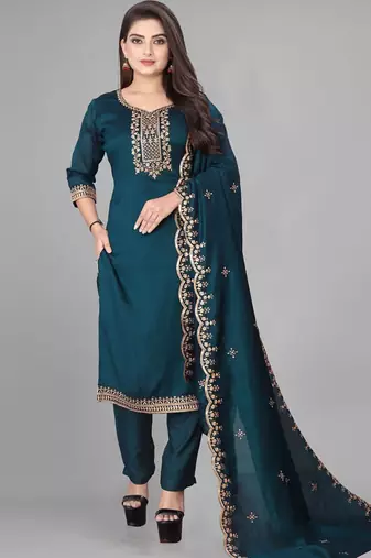 Teal cotton blend kurti pant dupatta set