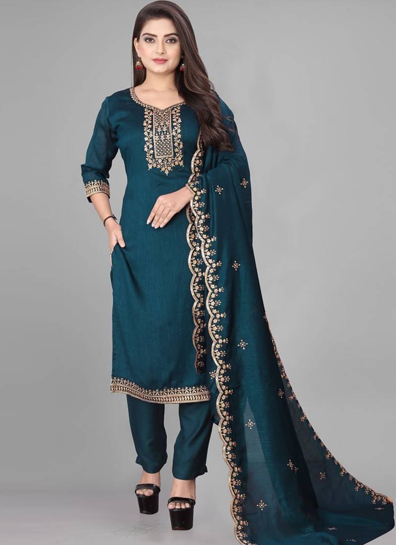 Teal cotton blend kurti pant dupatta set